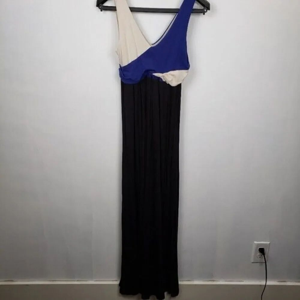 Anthropologie Sleeveless Maxi Dress Colorblock Jersey White Blue Asymmetrical Tr